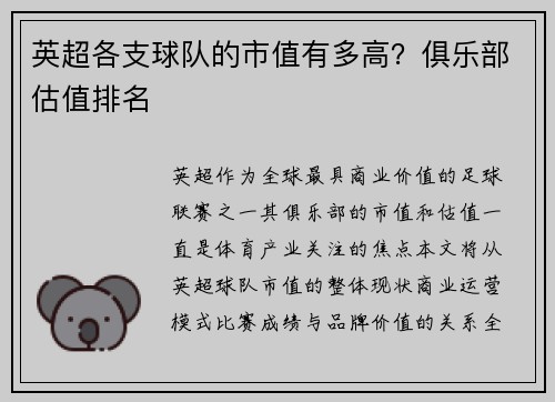 英超各支球队的市值有多高？俱乐部估值排名