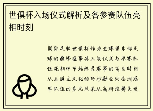 世俱杯入场仪式解析及各参赛队伍亮相时刻